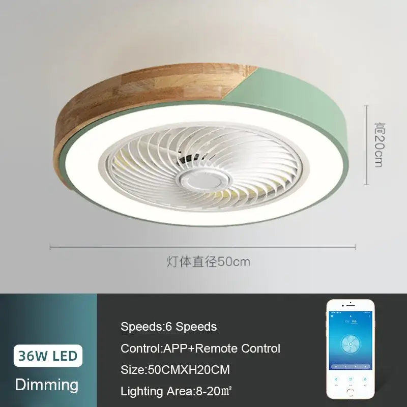 Modern white and light wood circular ceiling fan light with a mint green accent band for living room use