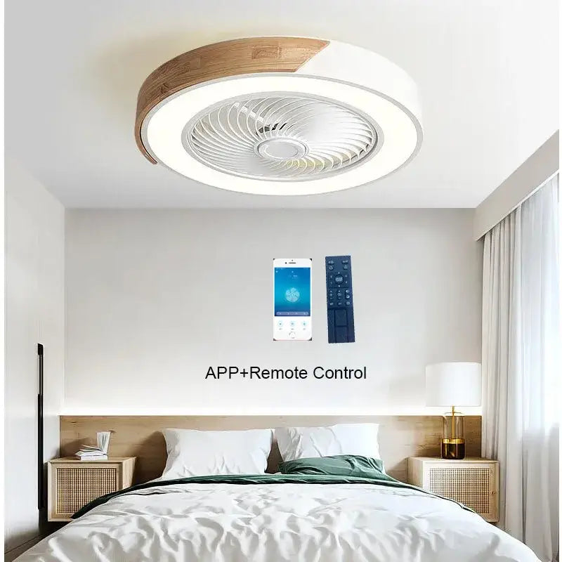 Modern white and light wood circular ceiling fan light with integrated led lighting for living room use