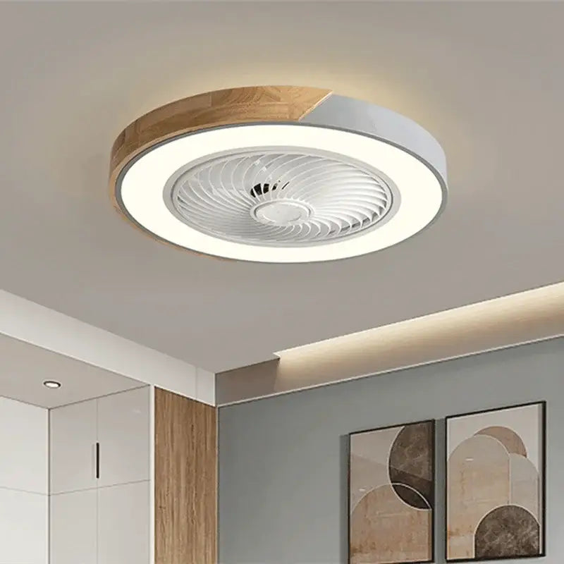Modern white and light wood circular ceiling fan light with integrated led lighting for living room use