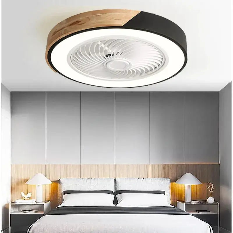 Modern wood and black ceiling fan light with integrated white led ring for bedroom ceiling fan light use