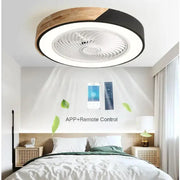 Modern wood and black ceiling fan light with integrated led lighting and natural wood accents for bedroom use