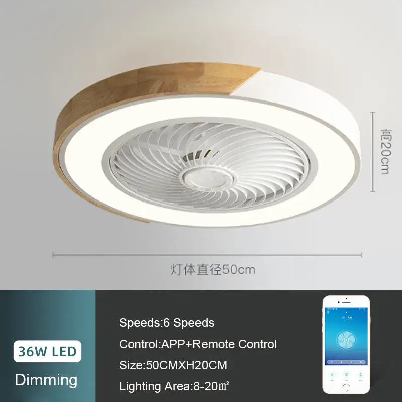 Modern circular ceiling fan light with integrated led lighting in white and light wood finish for bedroom use