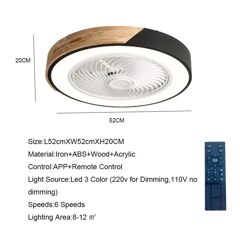 Modern wood and black ceiling fan light with integrated led lighting featuring a circular frame for bedroom use