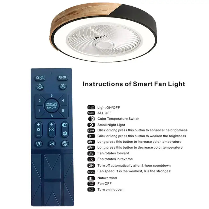 Modern wood and black ceiling fan light with white blades and integrated led lighting for bedroom use