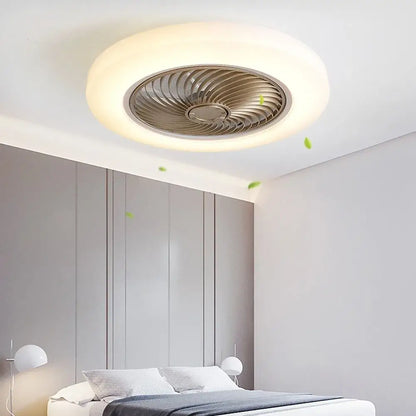 Modern white smart ceiling fan with retractable blades and circular metallic ceiling fan light with soft white glow