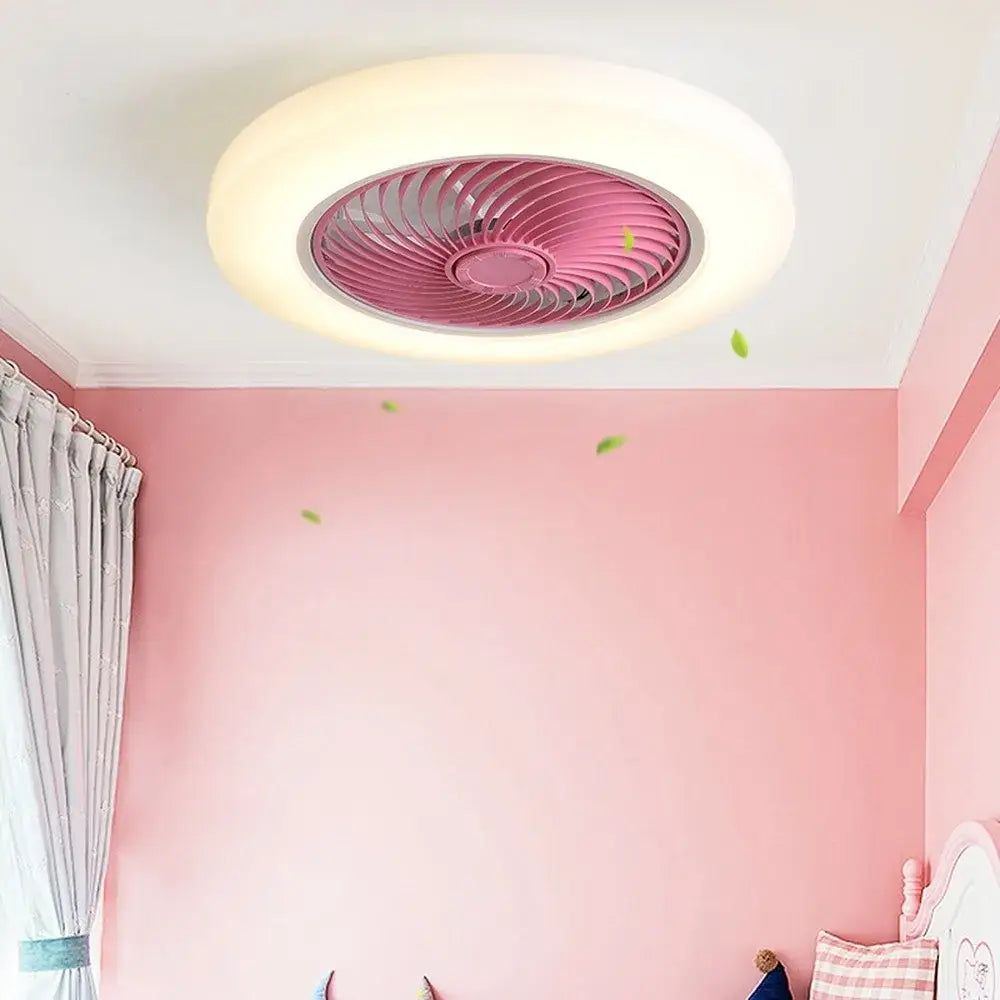 Modern white smart ceiling fan with pink circular retractable blades and integrated bedroom light fixture