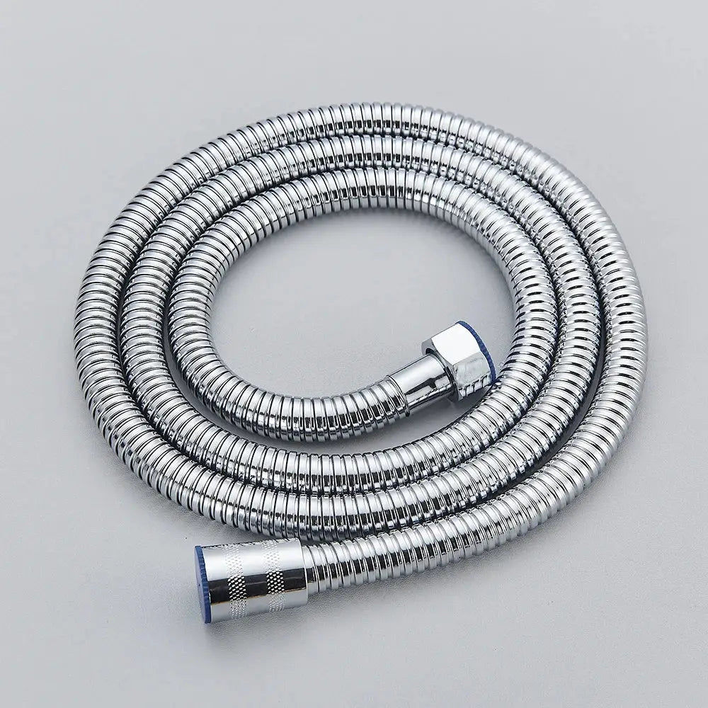 A coiled black bronze flexible shower hose with blue rubber caps for bathroom hand shower replacement by decorbites