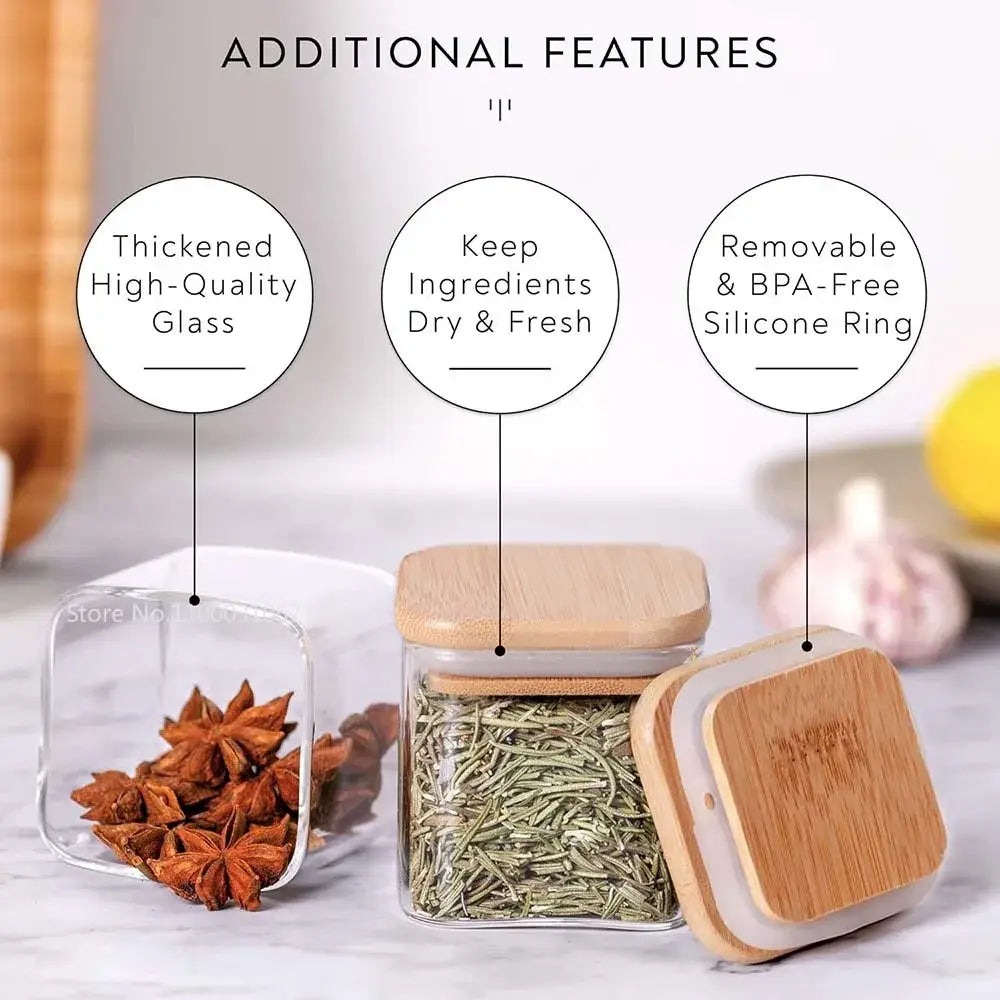 Square glass jars with bamboo lids and removable silicone ring in decorbites 5oz glass set for tea and coffee storage