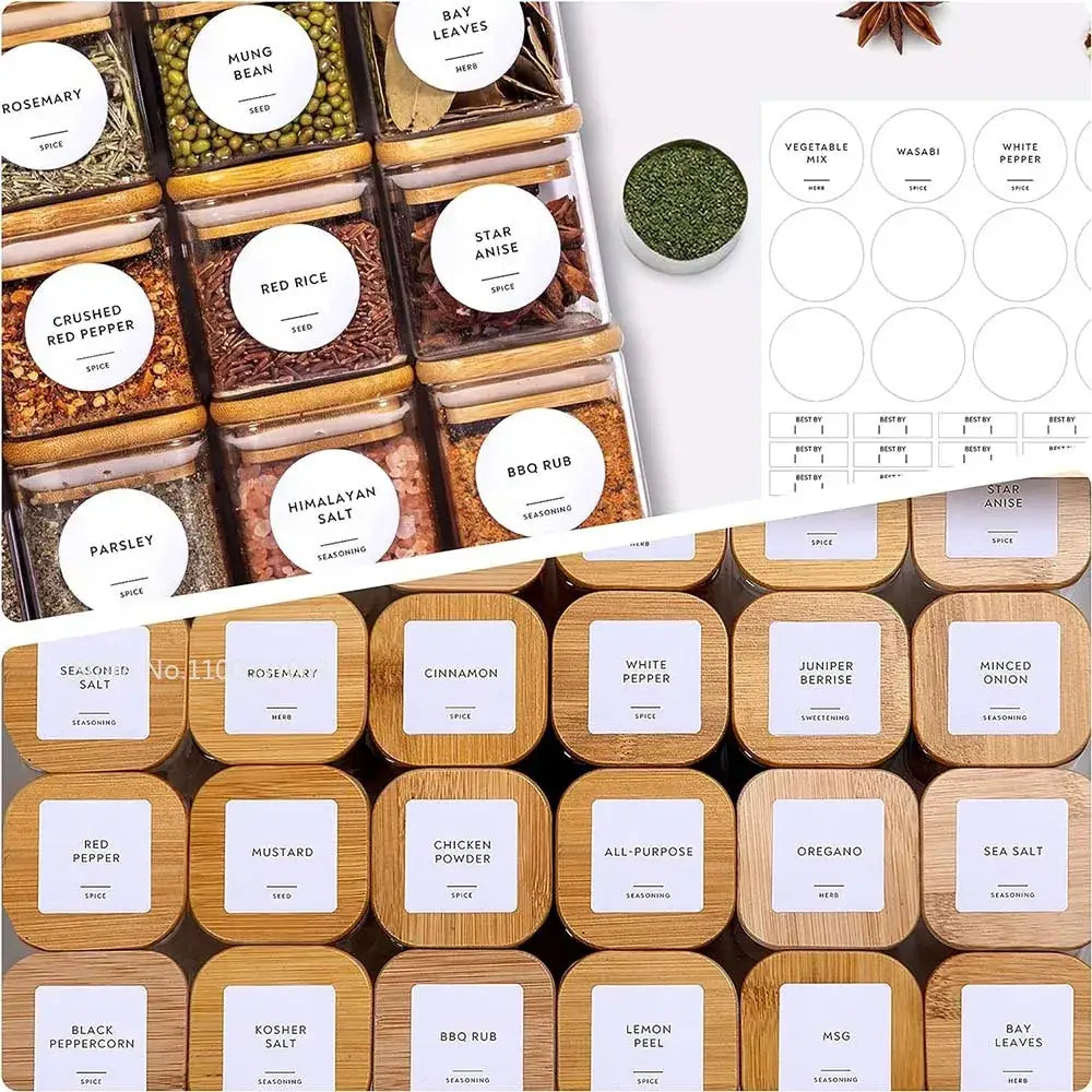 Wooden spice jars with clear lids and white labels in decorbites 5oz glass jars set with bamboo lids for storage