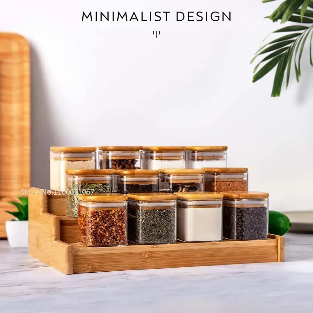 Set of clear glass jars with bamboo lids on a matching bamboo tray for decorbites 5oz glass storage jars