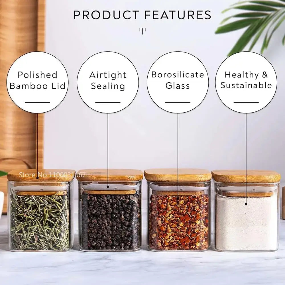 Set of four clear borosilicate glass jars with polished bamboo lids from decorbites 5oz glass for tea and spices storage