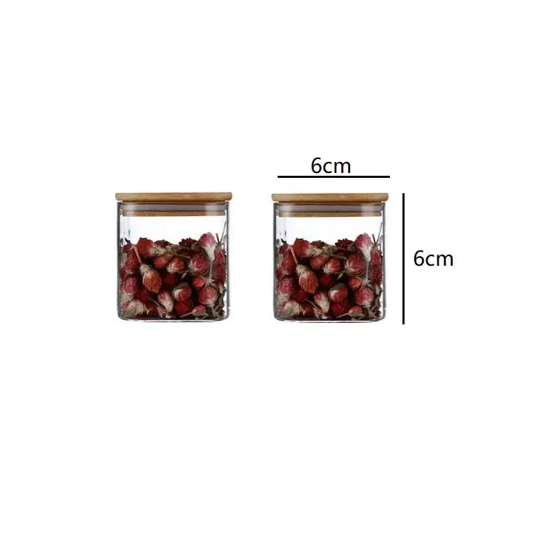 Clear glass jars with bamboo lids from the decorbites 5oz glass set measuring 6cm diameter and height for storage