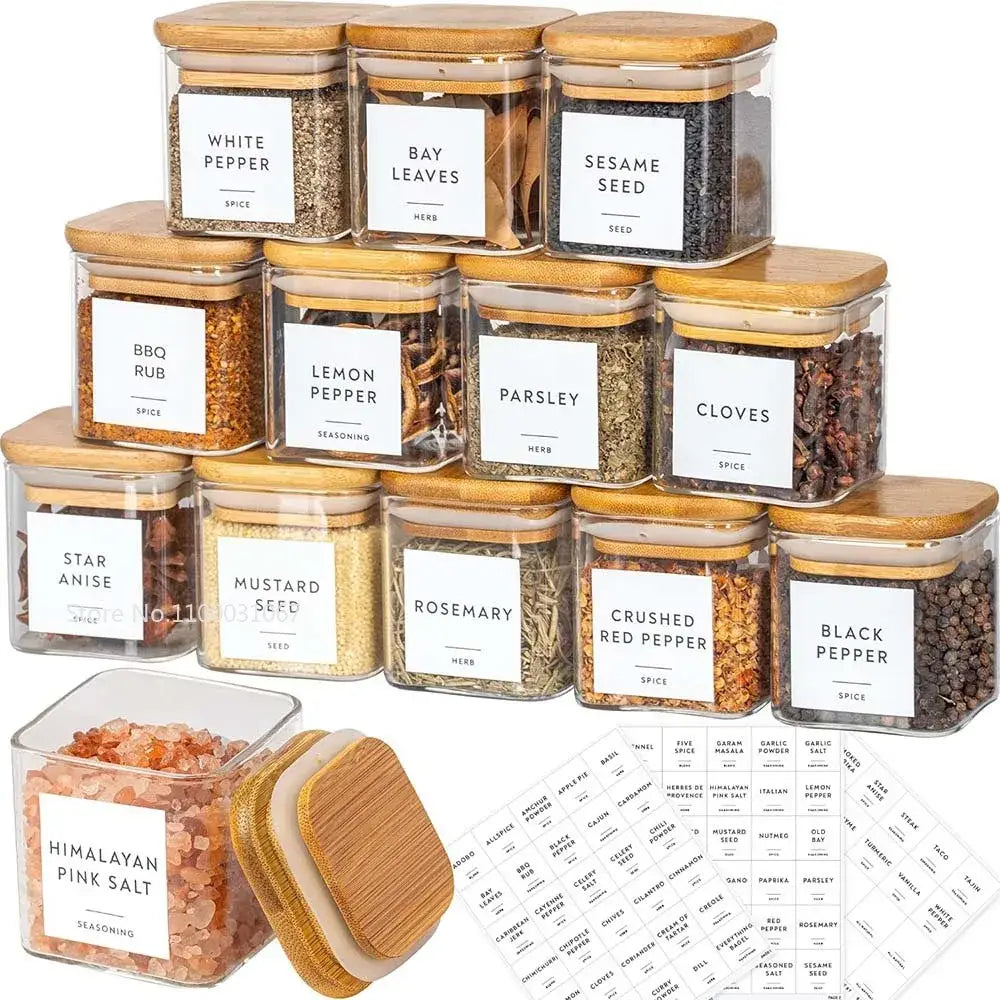 Set of clear glass jars with bamboo lids and white labels for tea coffee storage from decorbites 5oz glass collection