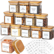 Set of clear glass jars with bamboo lids and white labels for tea coffee storage from decorbites 5oz glass collection