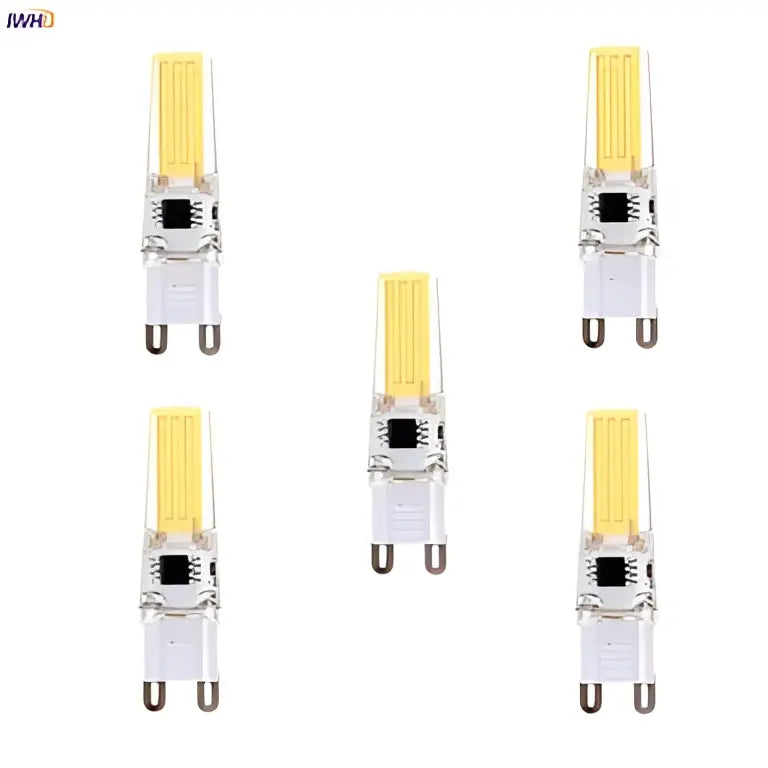 Five warm white dimmable led g9 bulbs with clear glass casings and metallic bases by decorbites dimmable led