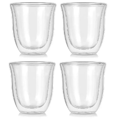 Set of four clear double wall glass coffee mugs with sleek modern design for bar tea juice by decorbites