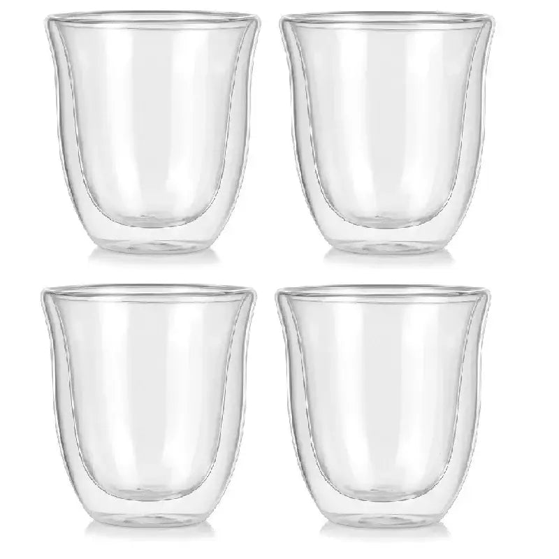 Set of four clear double wall glass coffee mugs with sleek modern design for bar tea juice by decorbites