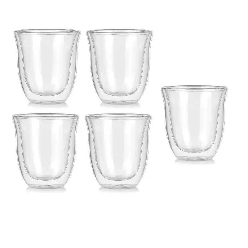 Set of five clear double wall glass coffee mugs with sleek modern design by decorbites for tea juice and bar use