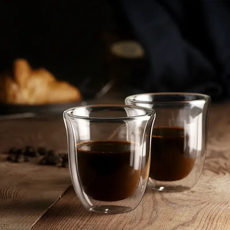 Clear double wall glass coffee mugs filled with dark espresso on wooden surface from decorbites 5pcs set