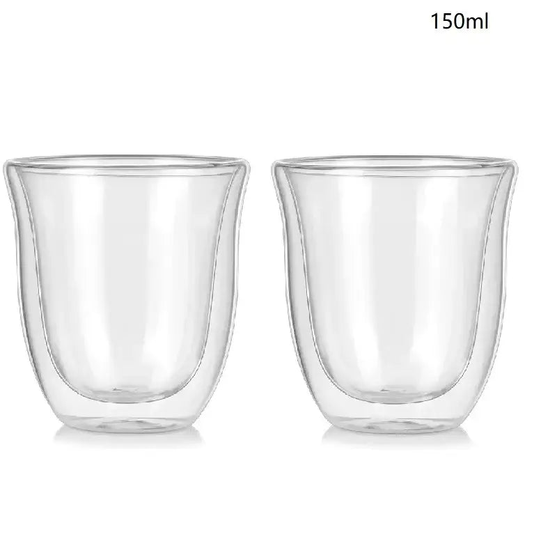 Clear double wall glass coffee mugs set by decorbites with 150ml capacity insulated for tea juice and bar use
