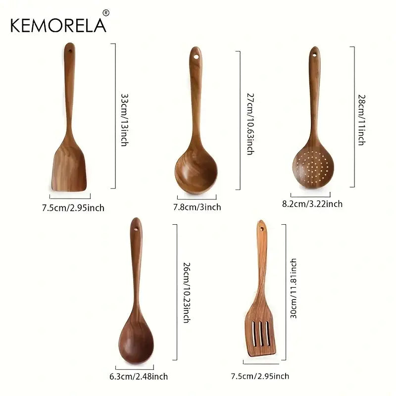 Set of five natural teak wooden cooking utensils including spatula ladle slotted and regular wooden cooking spoons