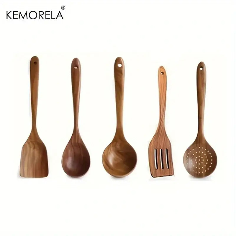 Set of five natural teak wooden cooking spoons including spatula and strainer by kemorela for kitchen use