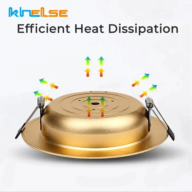 Gold led ceiling downlight with metallic finish and spring clips for ultra-thin luxury home lighting