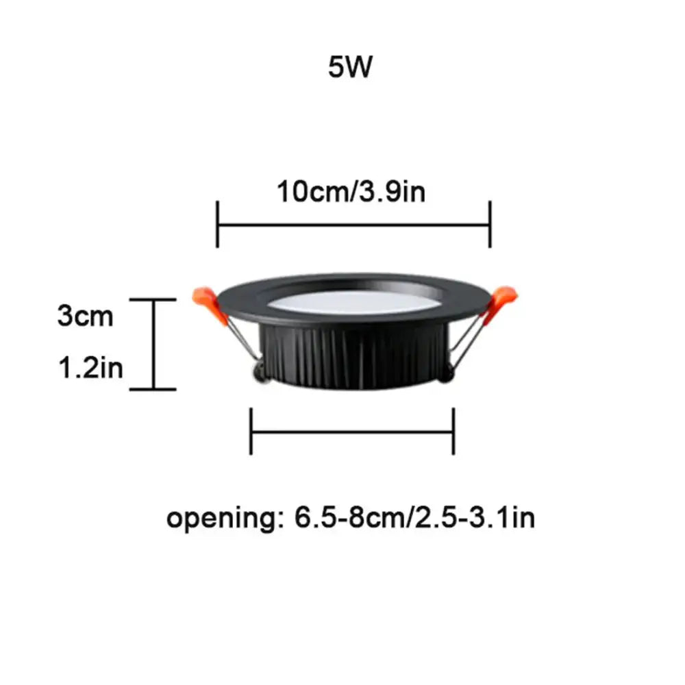 Black 5w recessed led downlight with orange mounting clips and textured base for bright recessed ceiling in home living room