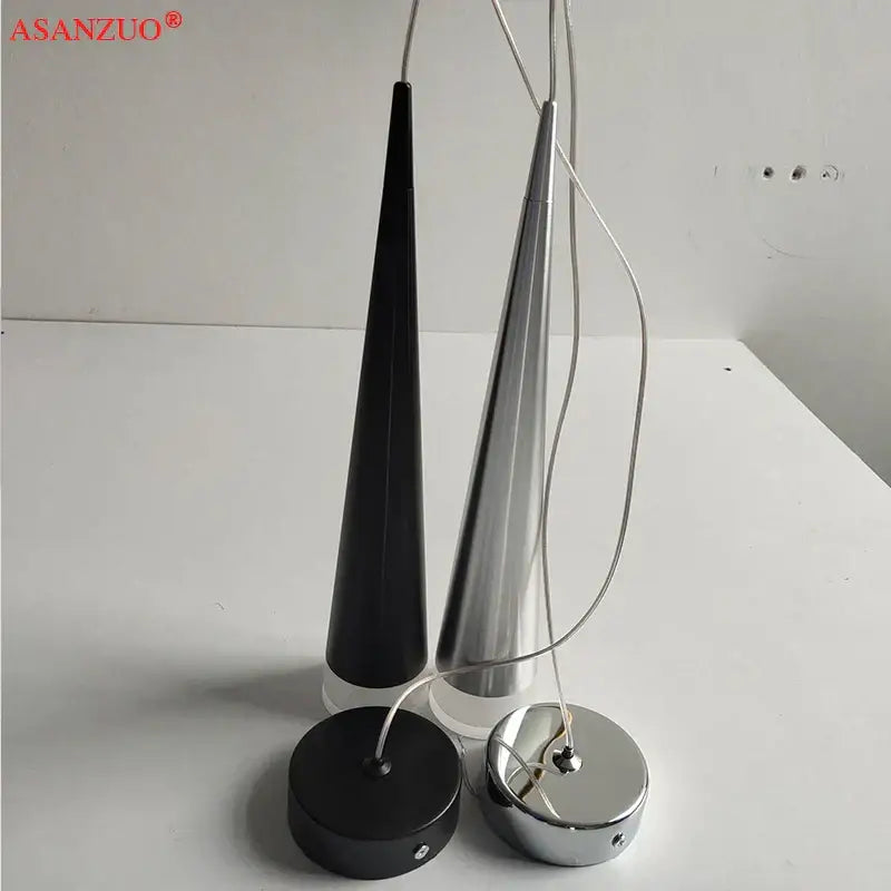 Two sleek cone-shaped decorbites 5w led pendant lights in silver black aluminum for kitchen island lighting