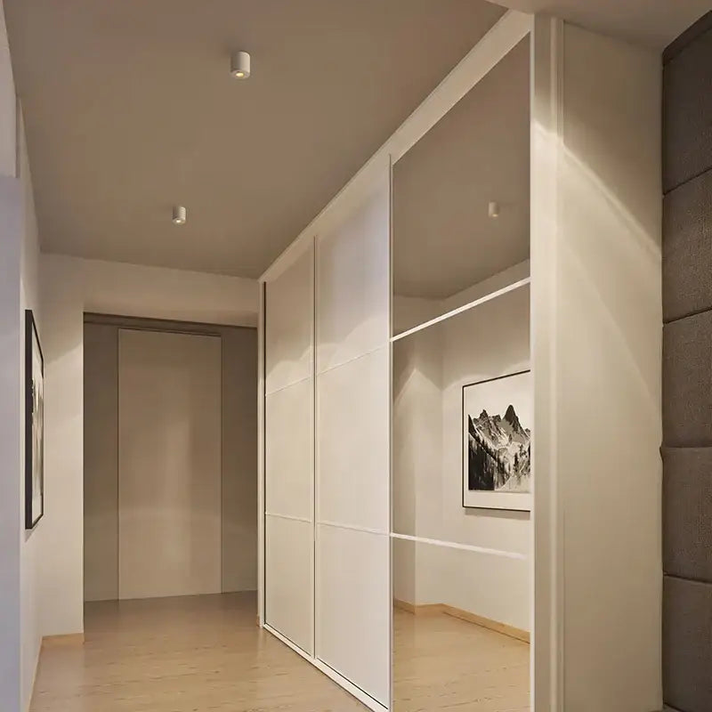 Modern white sliding wardrobe with mirrored panels under decorbites™ white anti-glare led sensor downlight surface mount