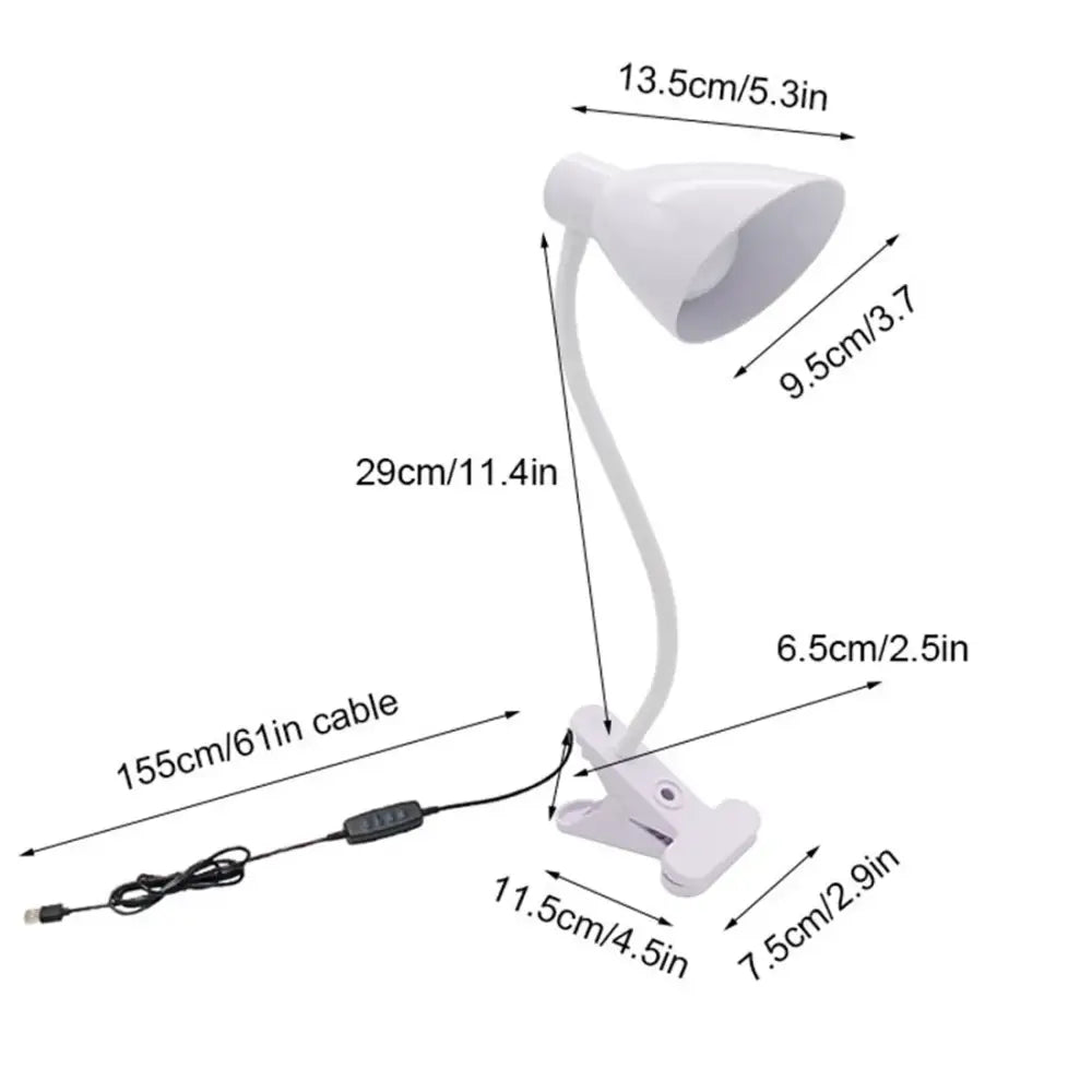 White plastic DecorBites™ led clip lamp with flexible gooseneck and USB night light led dimmable settings