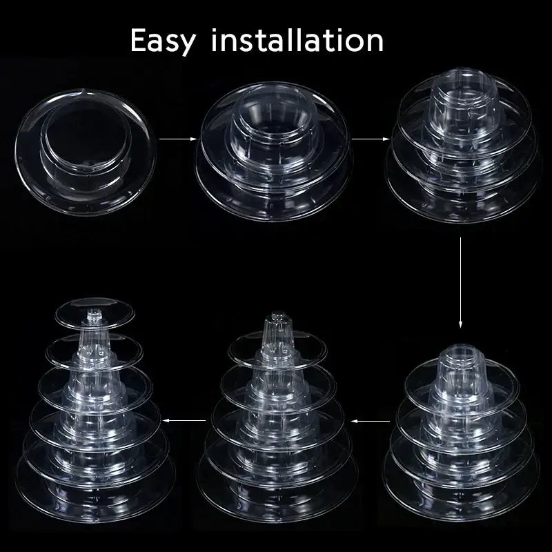 Decorbites™ clear plastic tier macaron tower stand with stacked circular platforms for cake display at events