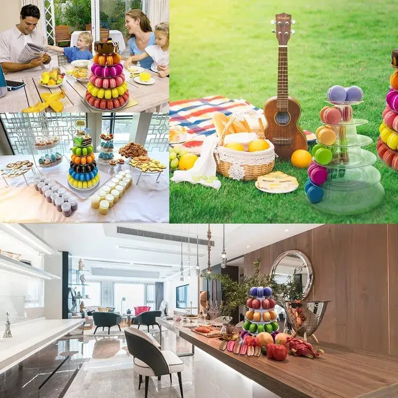 Decorbites 6/4 tier macaron tower stand with colorful macarons on transparent glass tiers for cake display events