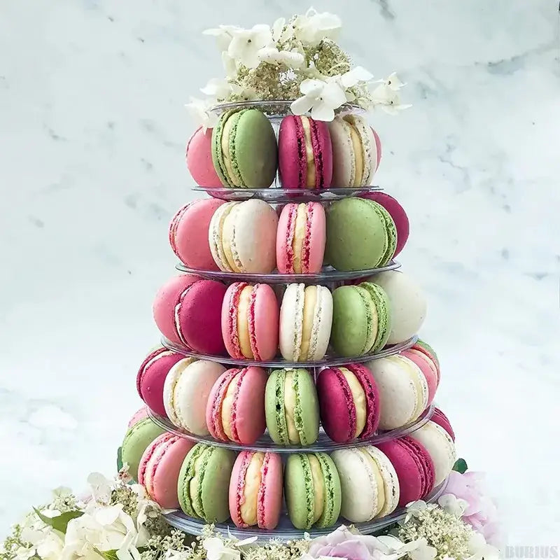 Decorbites 6/4 tier macaron tower stand with colorful pink green and white macarons on clear glass cake display shelves