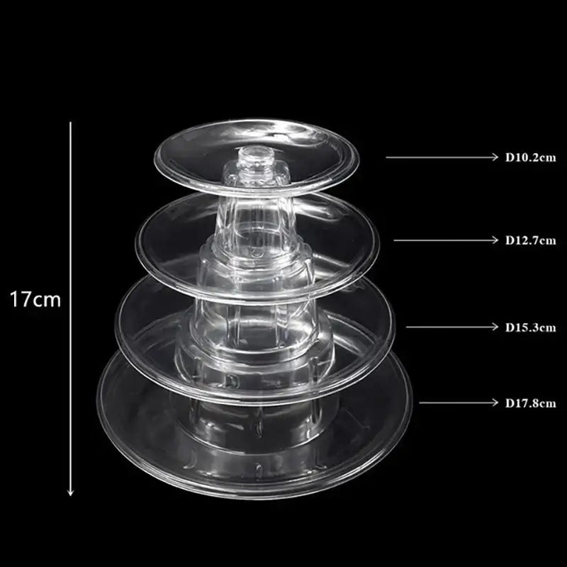 Clear plastic tier macaron tower stand with three graduated circular platforms for cake display and event decor