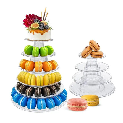 Clear acrylic five-tier macaron tower stand with transparent circular platforms for wedding cake display by decorbites