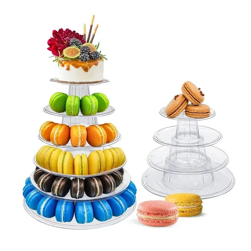 Clear acrylic five-tier macaron tower stand with transparent circular platforms for wedding cake display by decorbites