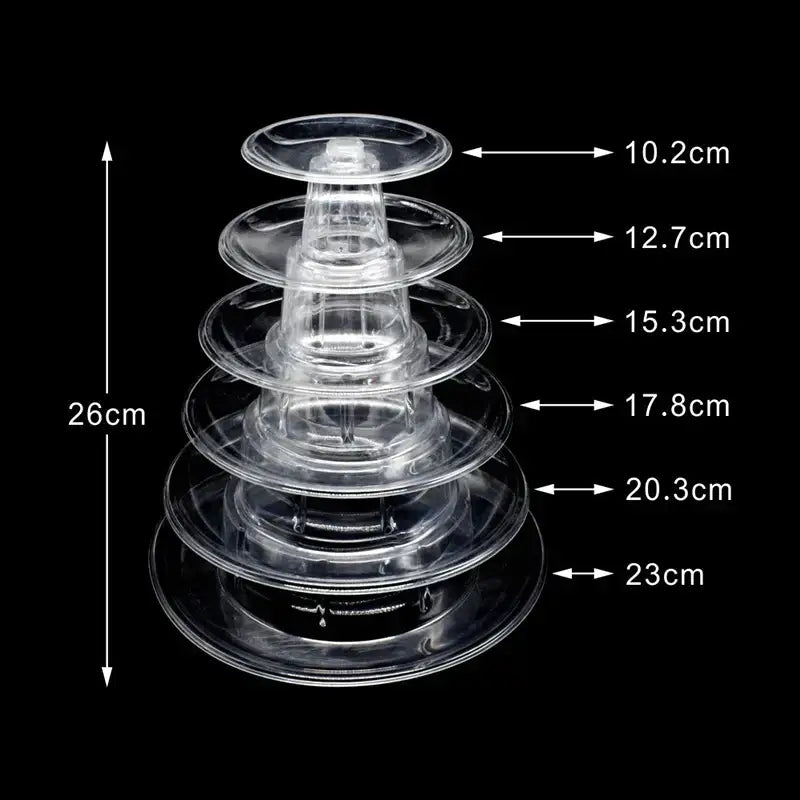 Clear plastic tier macaron tower stand with five circular levels for cake display by decorbites for weddings and showers