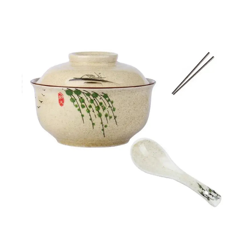 Beige ceramic ramen bowl set with green willow branch and bird design includes matching lid spoon and chopsticks