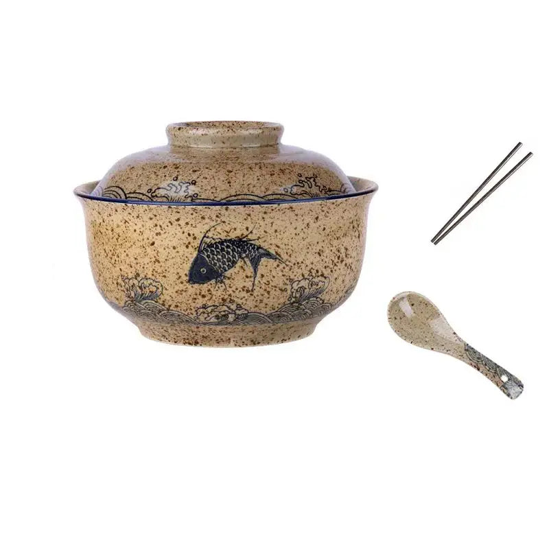 Beige speckled ceramic ramen bowl set with lid featuring black fish design includes chopsticks and spoon by decorbites