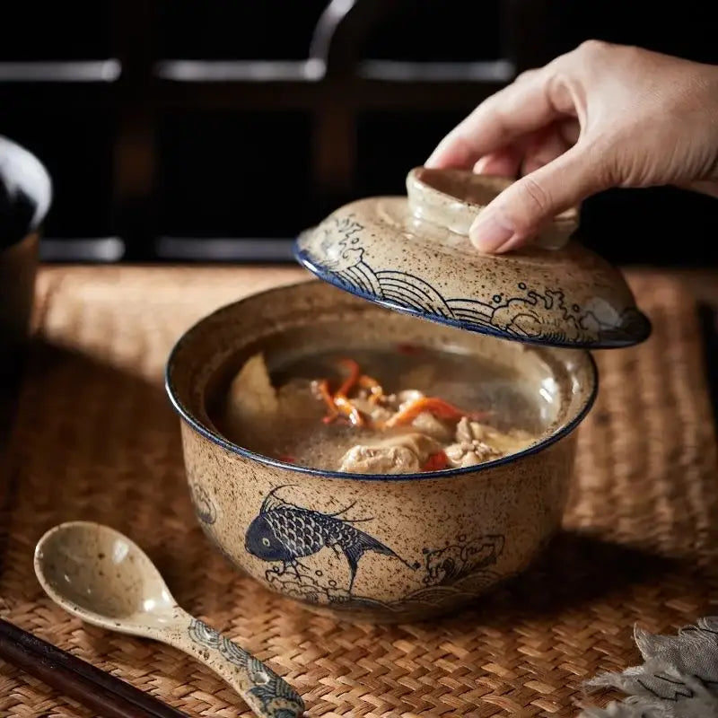 Decorbites™ retro ceramic ramen bowl set with lid features a speckled beige pot with blue wave and fish patterns and steaming broth