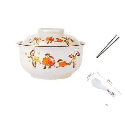 Decorbites™ 6.5inch retro ceramic ramen bowl set with lid featuring white ceramic with orange bird illustrations