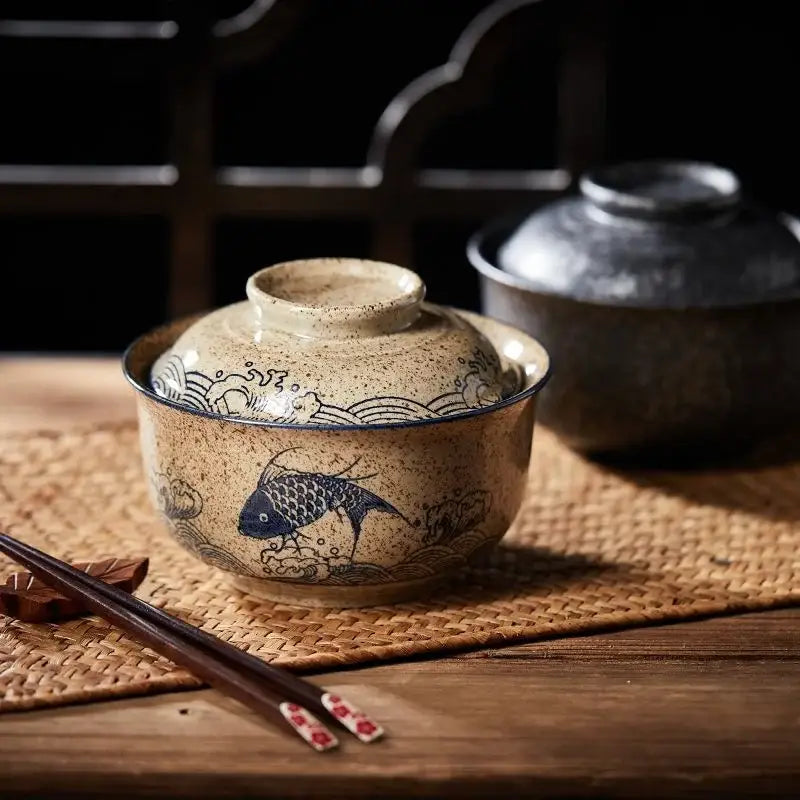 Decorbites™ 6.5 inch retro ceramic ramen bowl set with speckled beige glaze and navy blue fish design on side