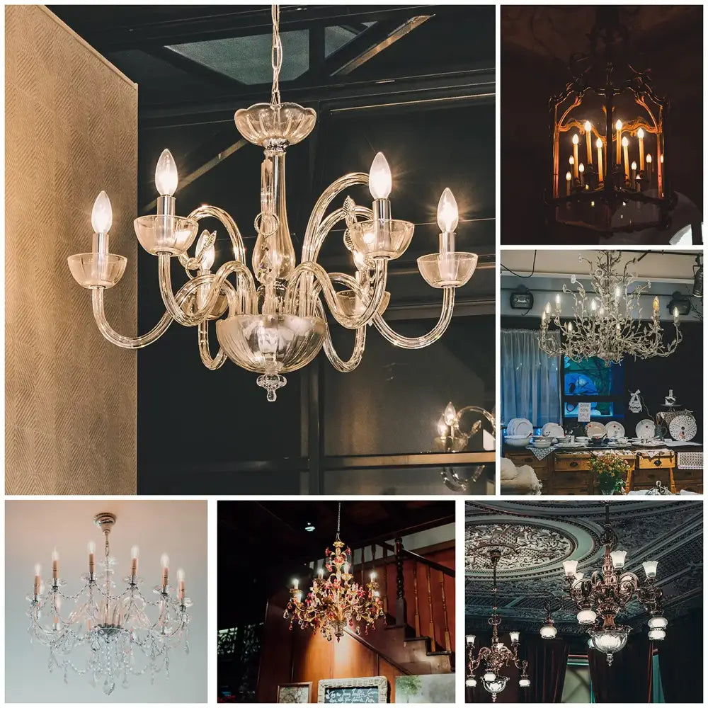 Elegant transparent glass chandelier with curved arms featuring dimmable DecorBites™ flame effect led bulbs