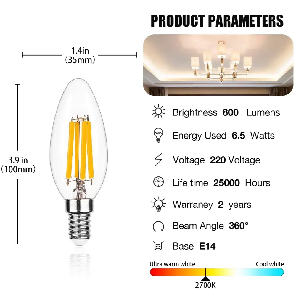 DecorBites 6.5w clear glass led bulb with silver base and three yellow filament tubes for candle flame effect lighting