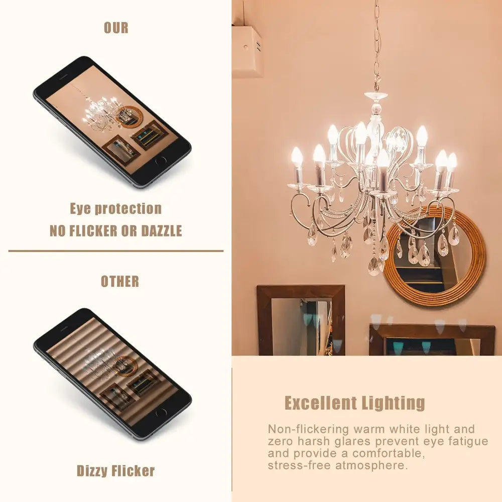 Elegant silver chandelier with crystal droplets featuring decorbites™ 6.5w candle flame effect led bulbs dimmable flame effect led