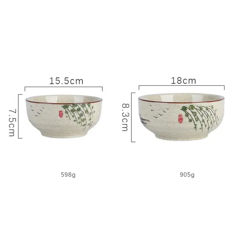Two cream ceramic ramen bowls with hand-painted green willow branches and birds by decorbites for kitchen use