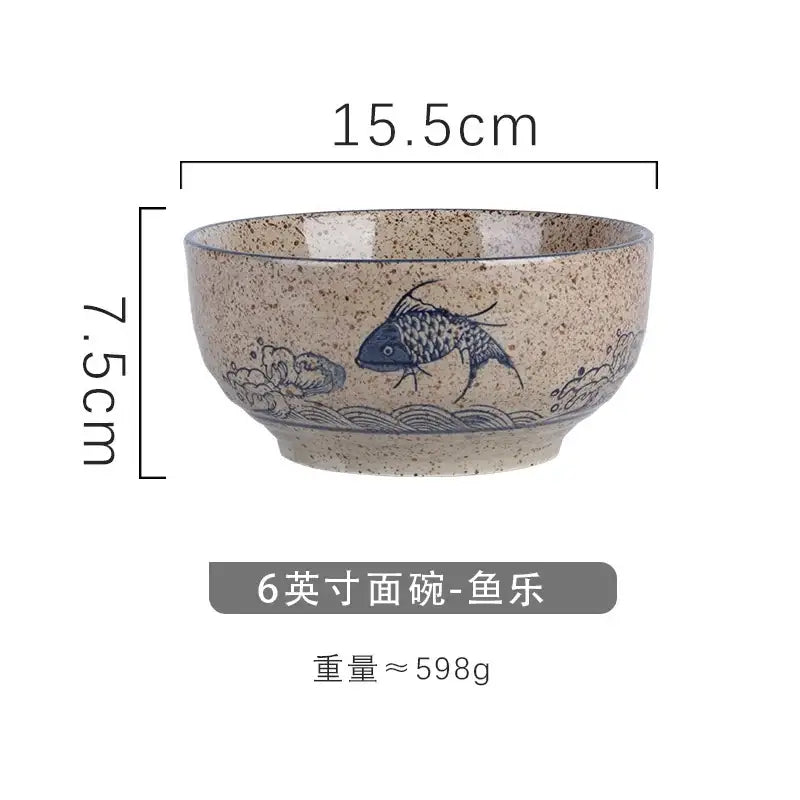 Beige speckled ceramic ramen bowl with blue fish and wave design 15.5cm diameter 7.5cm tall for kitchen use