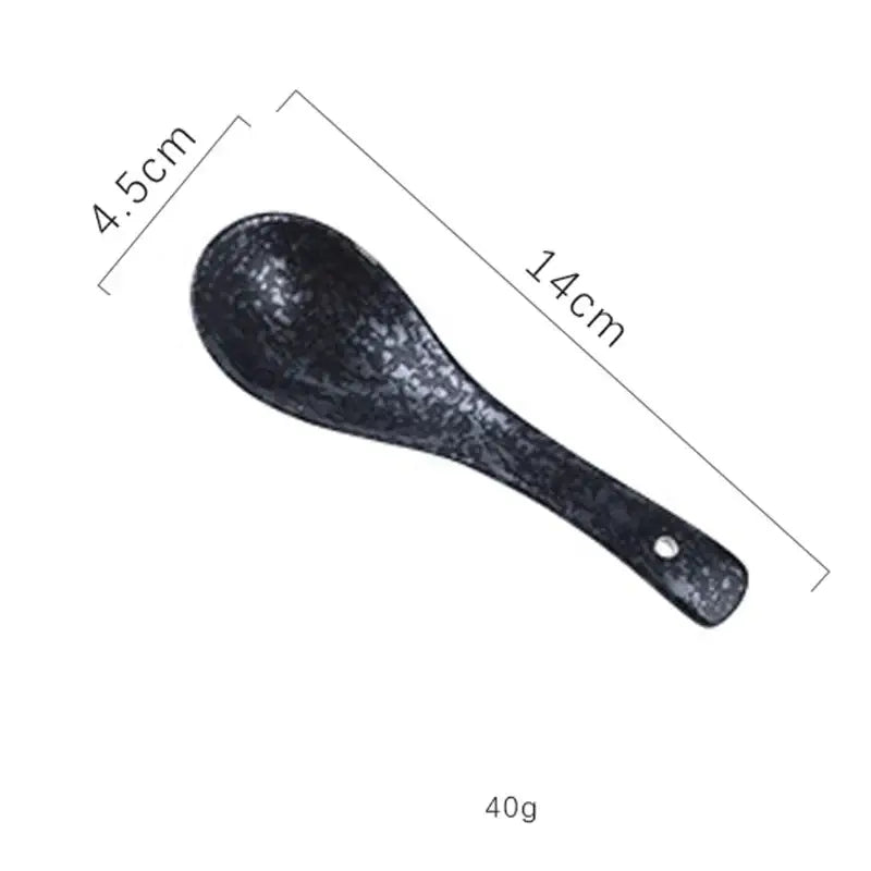 Black textured ceramic rice spoon 14cm by 4.5cm 40g paired with decorbites™ ceramic ramen bowl for kitchen use