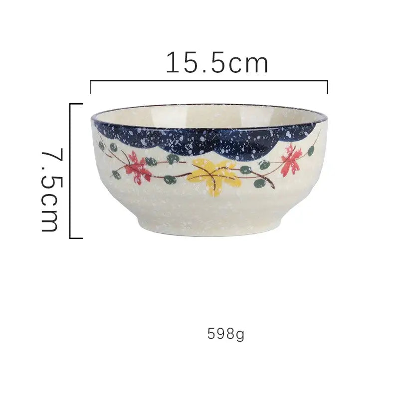 Decorbites™ ceramic ramen bowl with speckled cream body and red yellow leaf band on dark blue scalloped rim for kitchen use